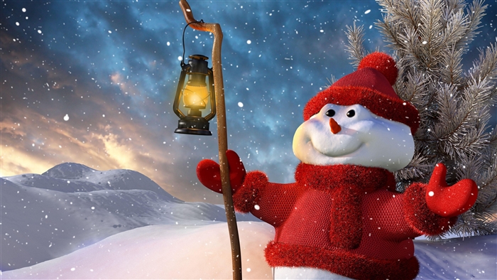 Snowman holding a lantern in a snowy landscape 4K
