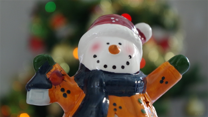 Ceramic Snowman Figurine with Christmas Tree Background 4K