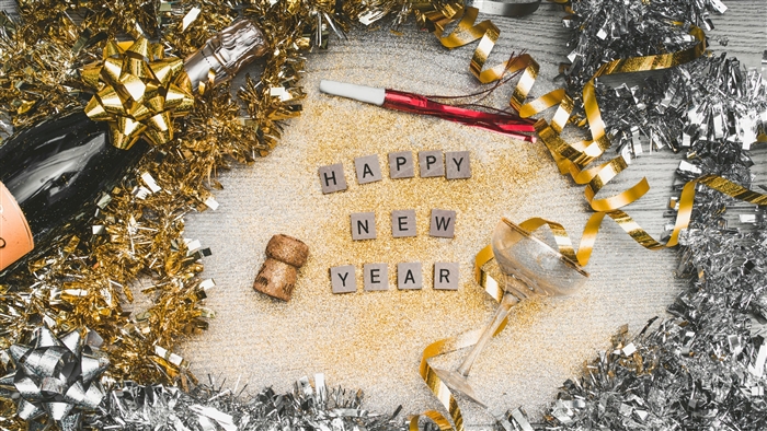 Happy New Year celebration with champagne and confetti 4K
