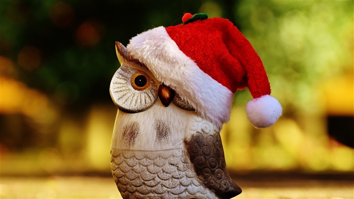 Owl figurine wearing a Santa hat 4K