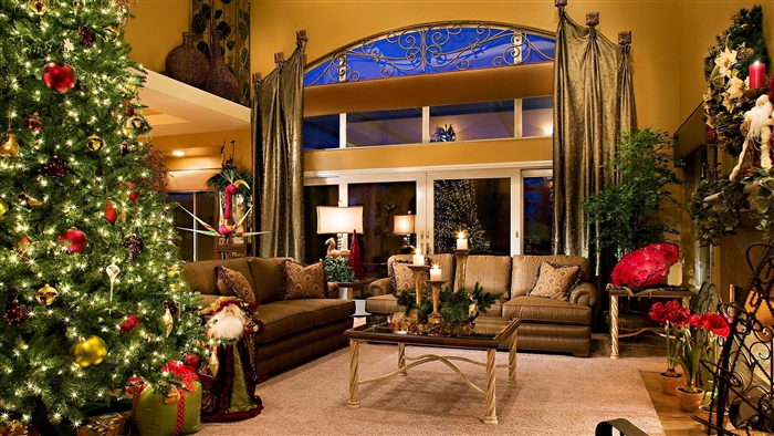 Cozy Christmas Living Room with Tree and Decorations