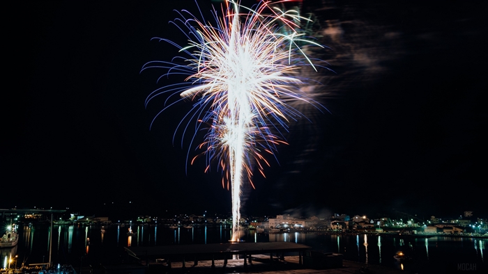 Fireworks over a night city harbor