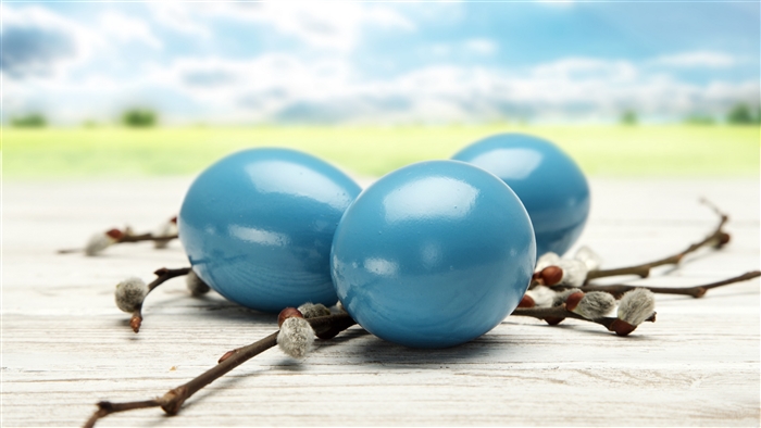 Blue Easter eggs with willow branches