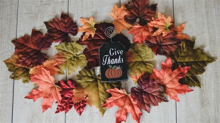 Autumn leaves with "Give Thanks" sign
