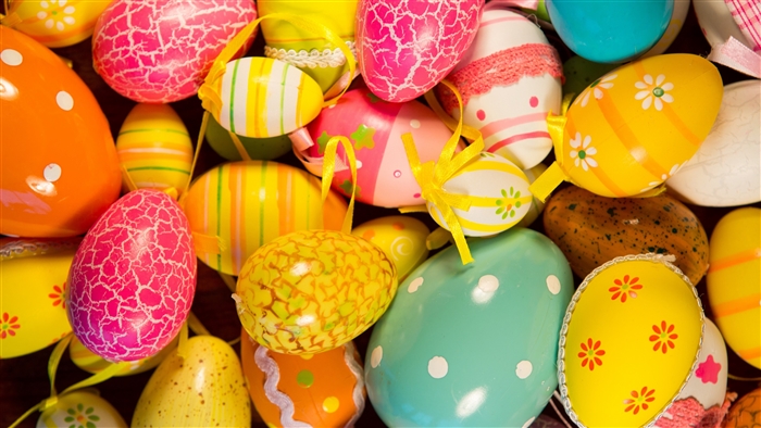 A collection of colorful Easter eggs with various patterns