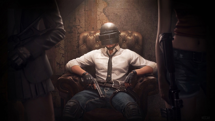 PUBG character sitting in a chair with guns