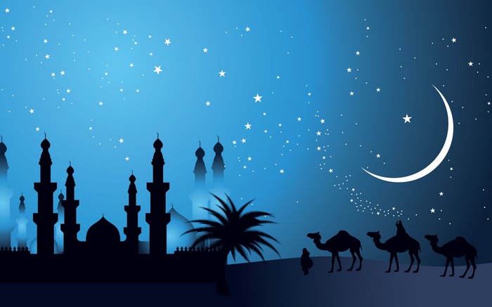 Silhouette of Mosque and Camels Under Starry Night