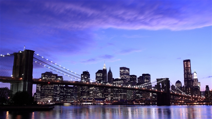 Brooklyn Bridge and New York City skyline at dusk 4K