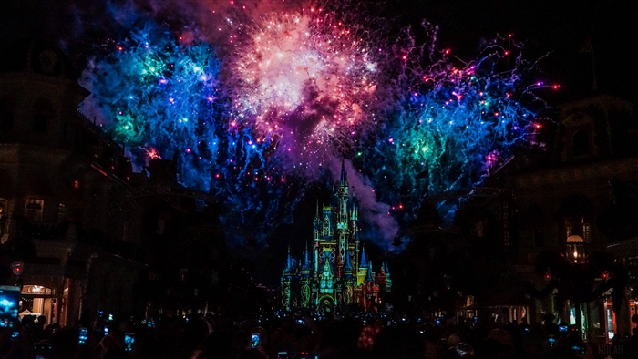 Colorful Fireworks Display Over Illuminated Castle