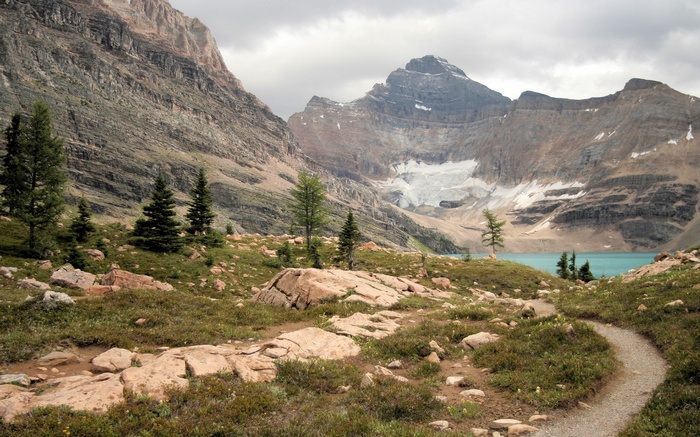 Mountain landscape with a lake and hiking trail