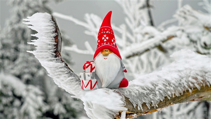 Christmas gnome with gifts on a frosted branch 4K