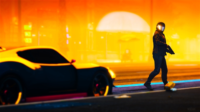 Person in helmet walking next to a car in Grand Theft Auto 5 4K