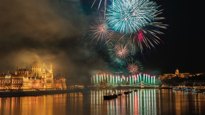 Budapest Hungary Night City Fireworks 4K