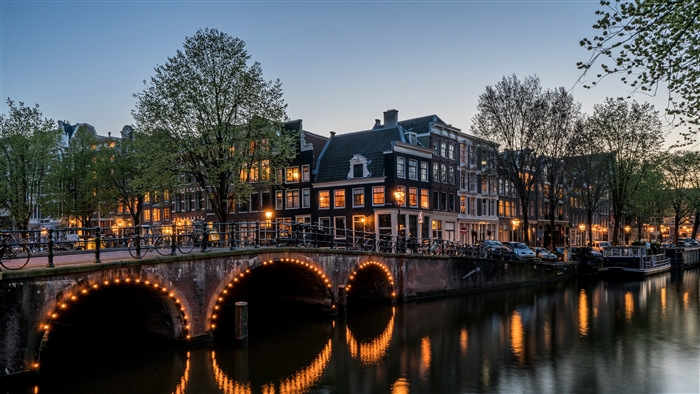 Amsterdam Canal and Bridge at Dusk 4K