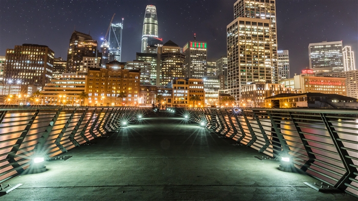 San Francisco skyline at night from a bridge, 4K