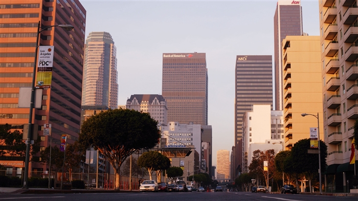 Downtown Los Angeles street view at sunset 4K