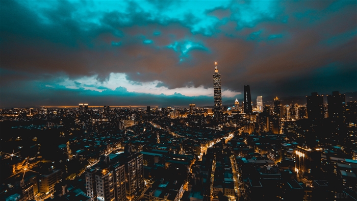Taipei skyline at night with Taipei 101 skyscraper, 4K
