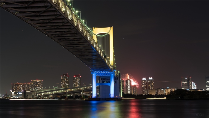Rainbow Bridge at night with fireworks in Tokyo, Japan 4K