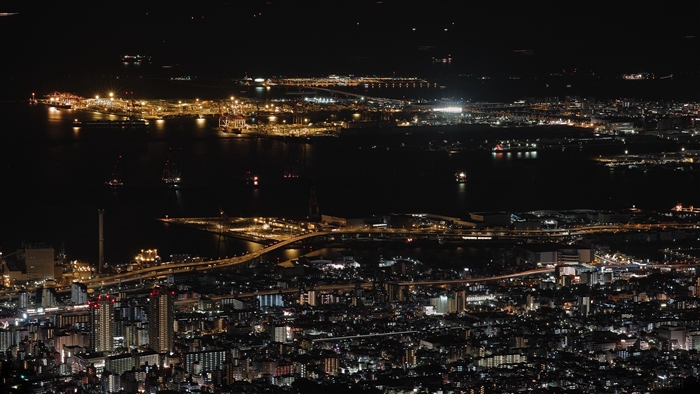 Night city view of a port in Kansai, Japan 4K