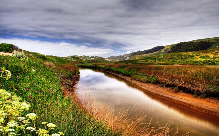 A winding river flows through a grassy landscape under a cloudy sky.