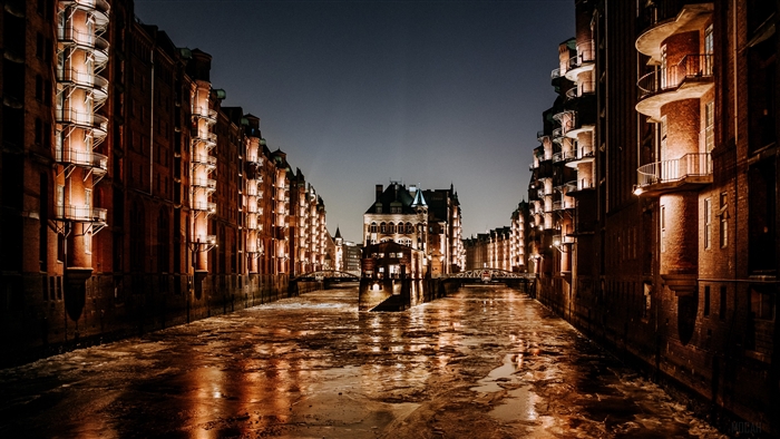 Hamburg Speicherstadt at night with frozen canal