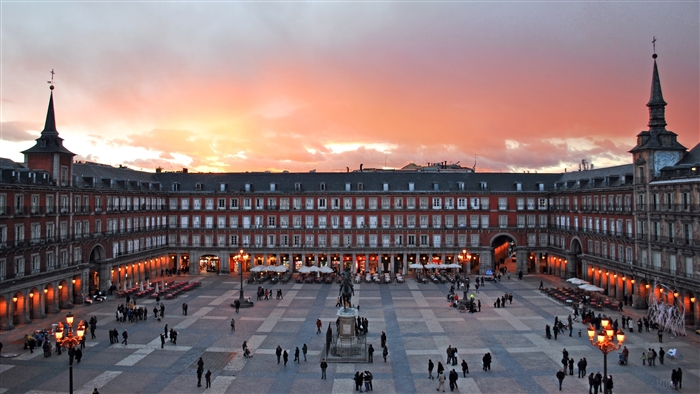 Plaza Mayor Madrid Spain at sunset 4K