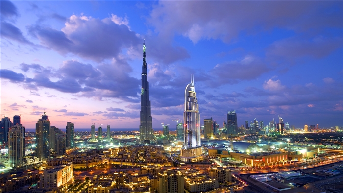 Dubai skyline with Burj Khalifa at dusk 4K