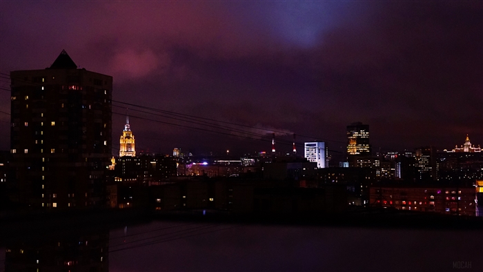 Moscow Night Cityscape with Illuminated Buildings 4K
