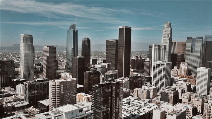 Skyscrapers in a city, top view 4K