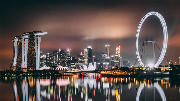 Singapore skyline with Marina Bay Sands and Singapore Flyer at night 4K