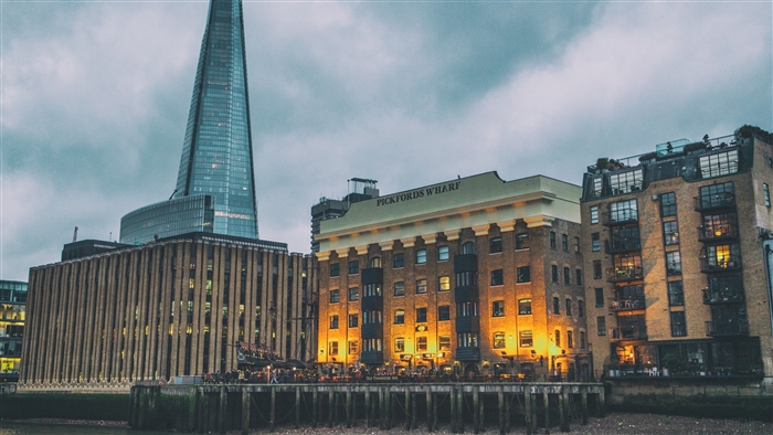 Pickfords Wharf buildings and The Shard, London at night 4K