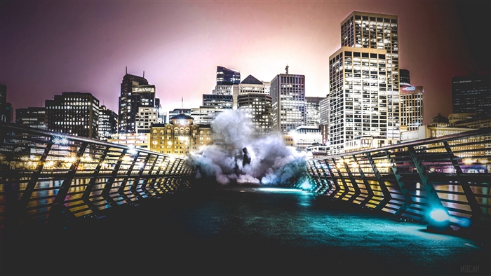 Man in smoke on bridge with city skyline at night 4K