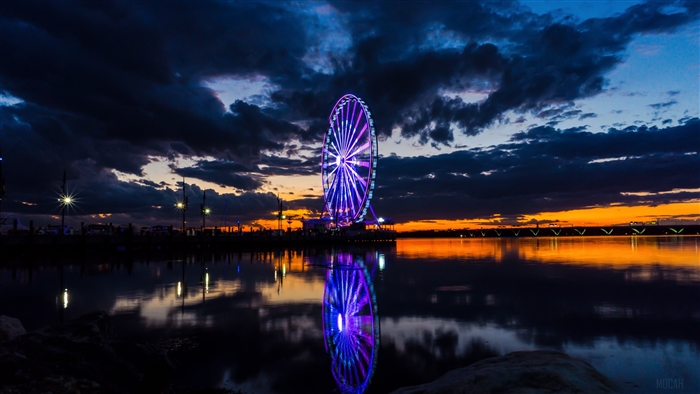 Ferris wheel at night with reflection in water