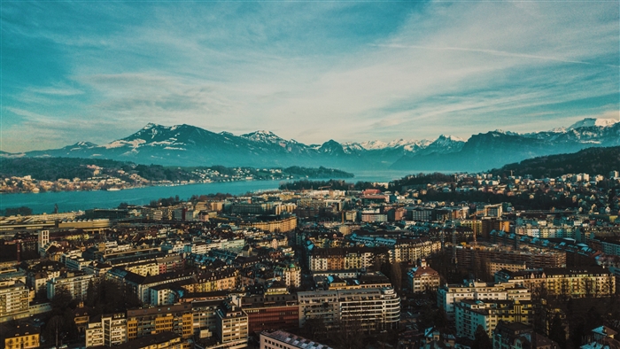 Aerial view of Lucerne, Switzerland with mountains and lake