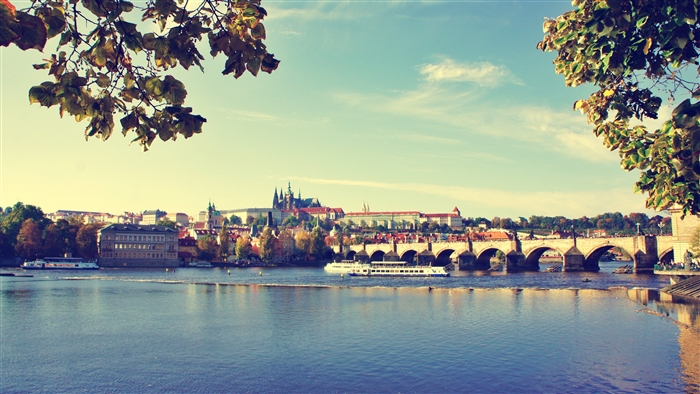 Prague Castle and Charles Bridge over Vltava River