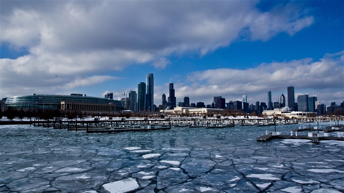 Chicago skyline with frozen harbor in winter 4K