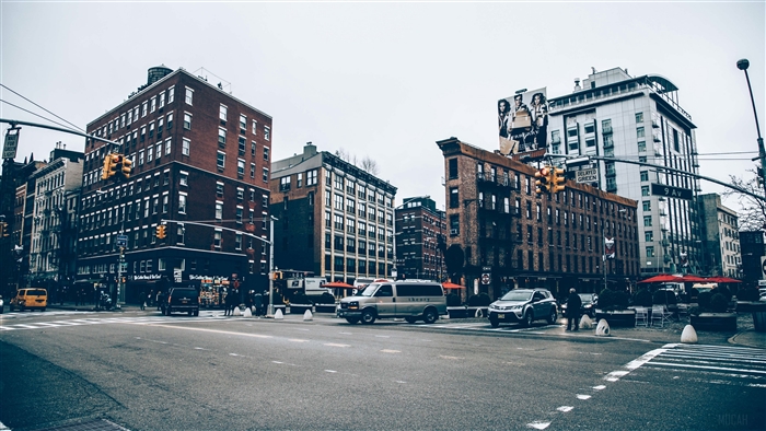 Street scene with buildings and traffic
