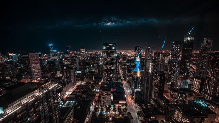 Melbourne skyscrapers at night, top view 4K