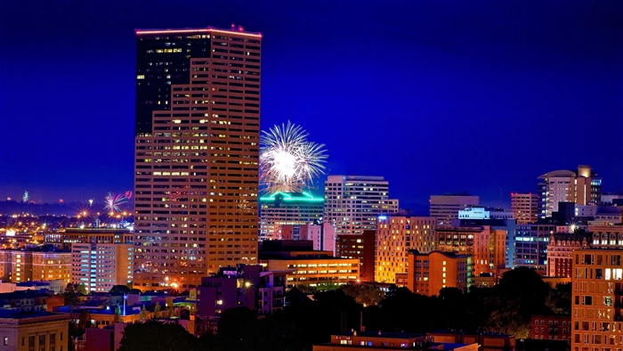 Portland Oregon Skyline with Fireworks at Night 4K