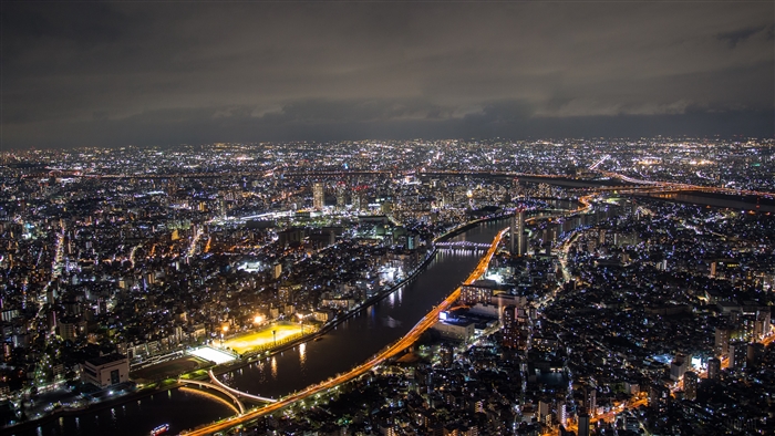 Night cityscape of Tokyo with Sumida River, Japan 4K