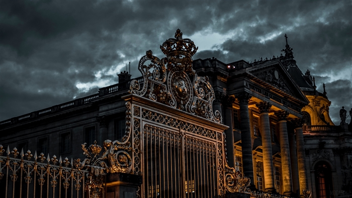 Ornate golden gate in front of a grand building at night