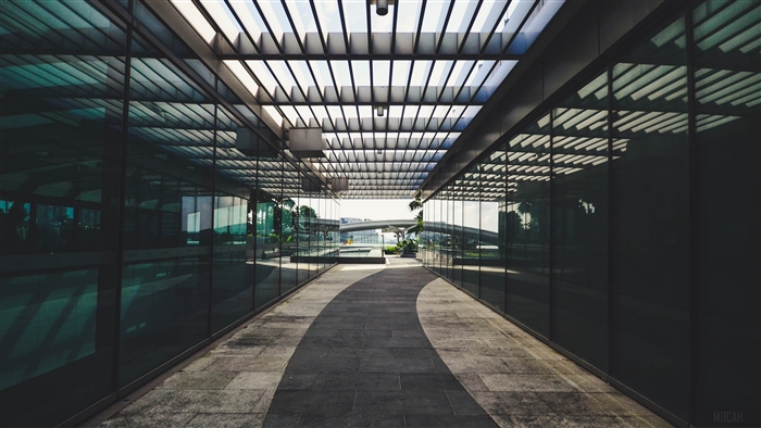 Modern architecture with glass walls and a walkway