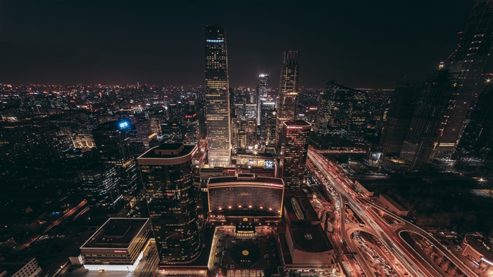 Beijing skyscrapers at night, top view 4K