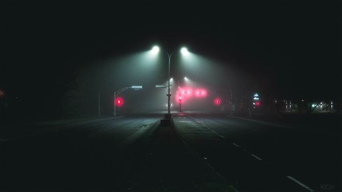 Foggy night intersection with red traffic lights