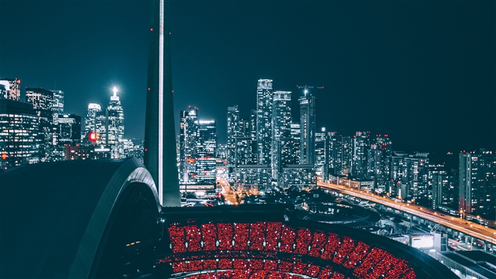 Night view of Toronto skyline and stadium