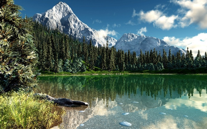 Mountain lake with pine forest and snow-capped peaks