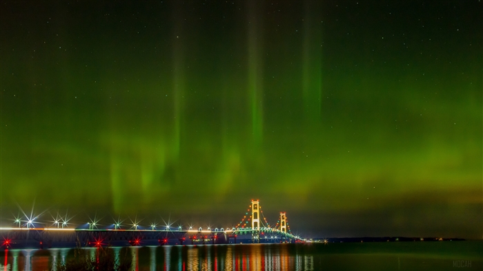Mackinac Bridge at Night with Aurora Borealis