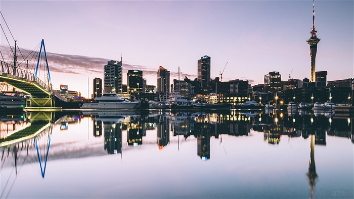 Auckland skyline with bridge and yachts at dusk 4K