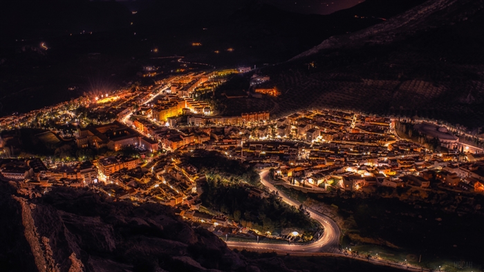 Night city view from above with city lights