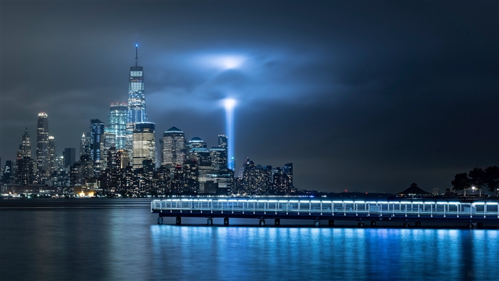 New York City skyline with tribute in light at night